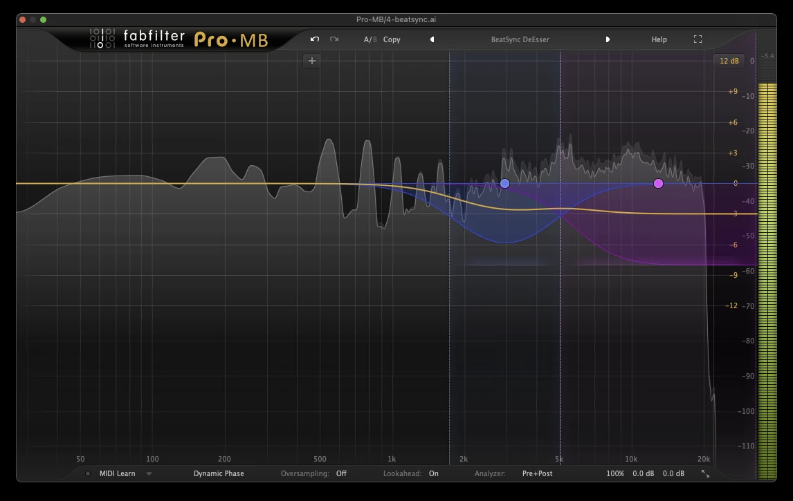 Multiband compressor set as a de-esser, two bands above 2.5 kHz reducing harsh high-frequency content on an AI vocal