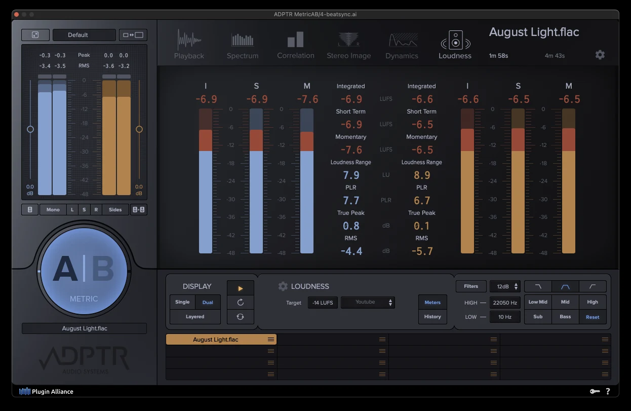 A/B comparison tool showing a commercial reference and a master level-matched at around -7 LUFS integrated