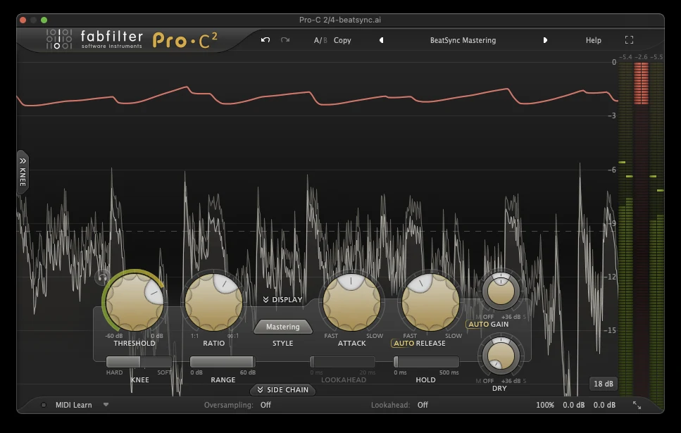 Mastering compressor showing one to two decibels of gain reduction with auto release