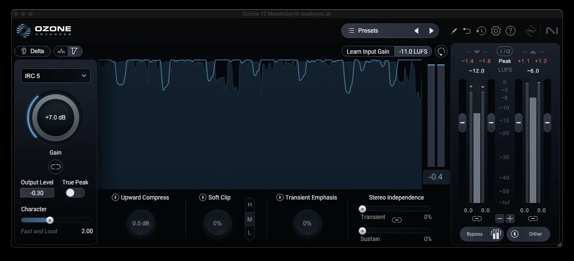 Mastering limiter at a transparent setting: 7 dB of gain, ceiling at -0.3 dB, peaks barely touched
