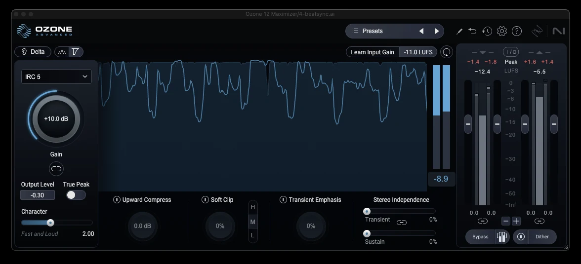 Over-limited master: 10 dB of gain into the limiter, nearly 9 dB of gain reduction, waveform flattened