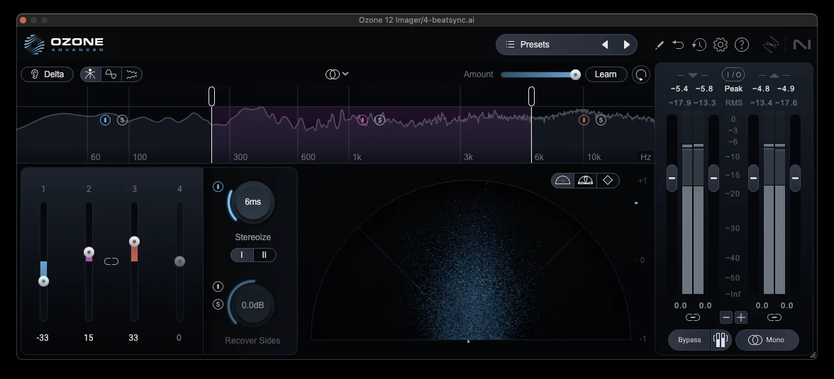 Stereo imager widening the mid bands of a narrow AI-generated mix while keeping the low end mono
