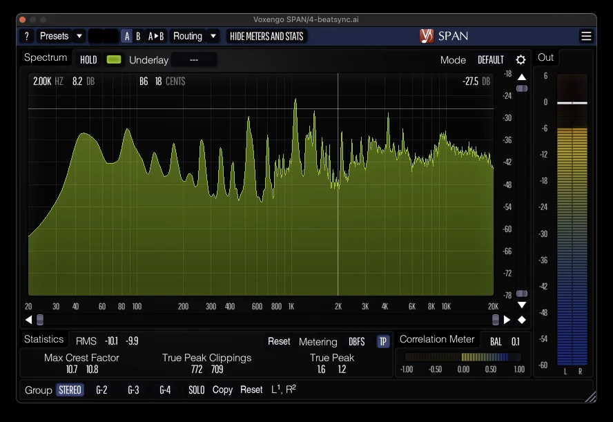 Spectrum analyser showing true peak at +1.6 dBTP and over 700 inter-sample clips on a file that never exceeded 0 dBFS